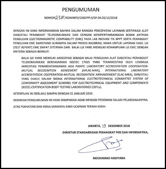 SDPPI Extends the Acceptance of Non-Recognized Laboratories EMC Test Report